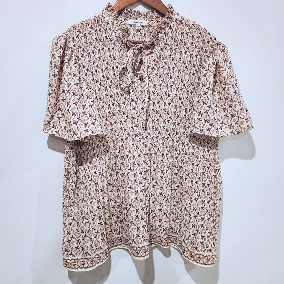 Max Studio Ivory Floral Wrinkled Tied Ruffle Neck Blouse Size Large Boho Career - Picture 1 of 11